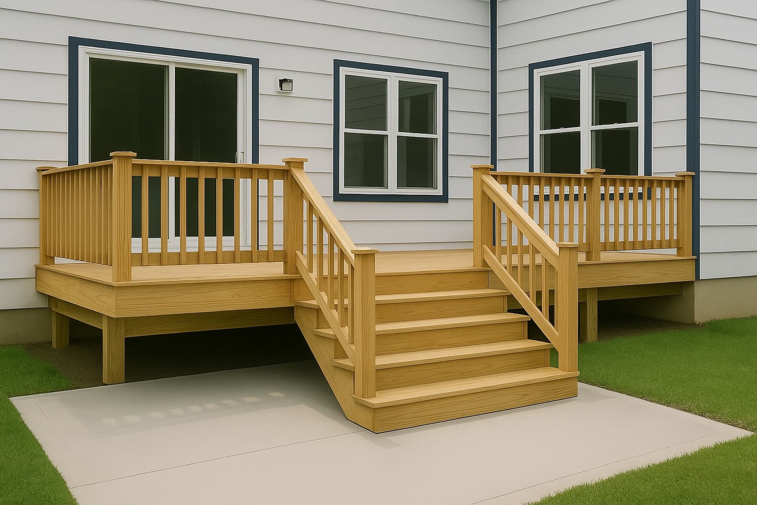 Wooden deck with outdoor furniture overlooking a yard