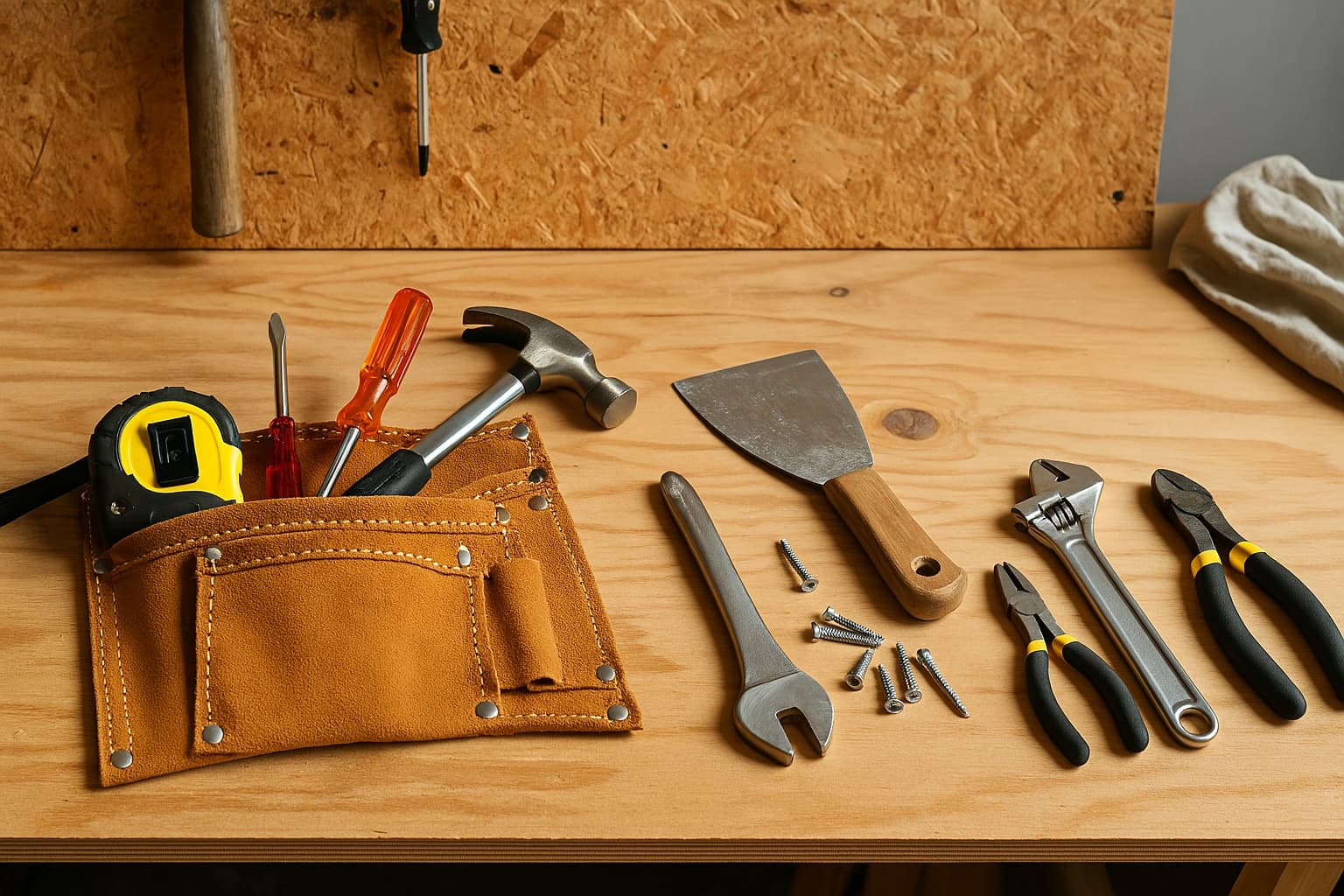 Handyman tools laid out on a wooden surface